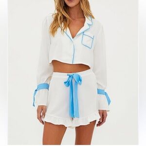 Beach Riot Aurora & Luna Satin White Blue Pajama Set Size S